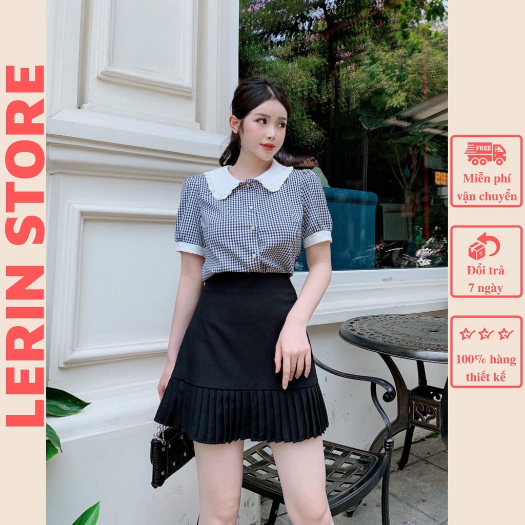 Áo Nữ Áo Kiểu Kẻ Caro Thiết Kế Tay Bồng Phối Cổ Trắng Viền Bèo Thanh Lịch Thích Hợp Đi Làm Đi Chơi_LeRin A31