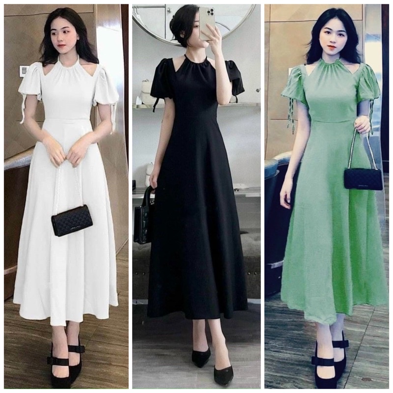 Đầm váy cổ yếm tay bo 3 màu (kèm hình thật)