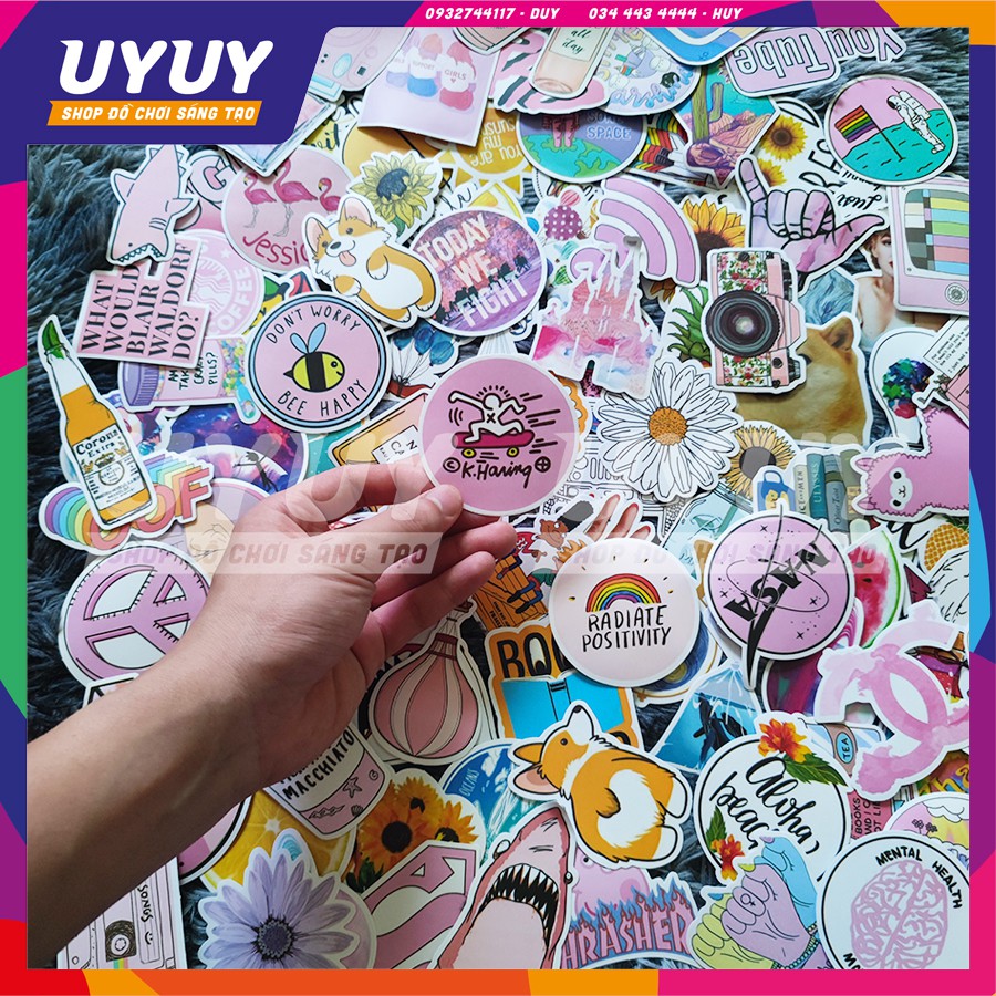 Combo 100 Miếng Sticker 💕Siêu Chất💕 Cute, Kool Ngầu Nhiều Chủ Đề Dán Valy, Nón BH, Ván Trượt Chống Thấm