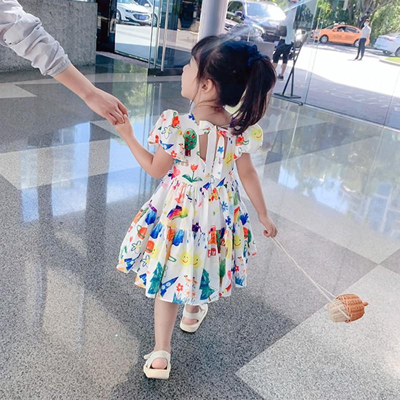 Đầm Cotton Họa Tiết Graffiti Cho Bé Gái