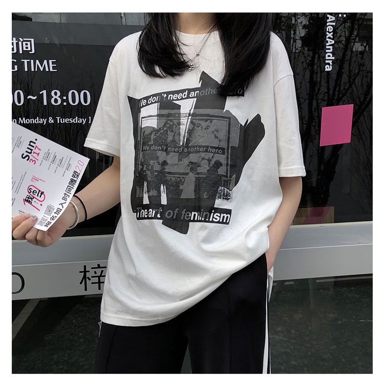 NUZIRO  Áo Thun Tay Ngắn Cổ Tròn Màu Trắng Đen Thời Trang Cho Nữ