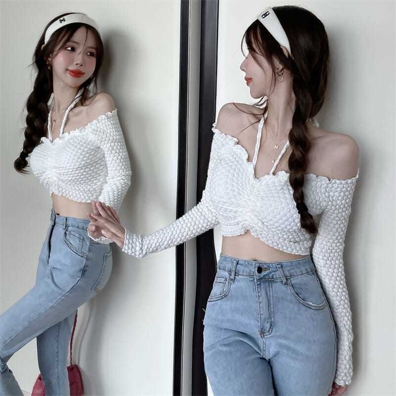 COZOK Áo Thun Tay Dài Trễ Vai Thiết Kế Dây Rút Thời Trang Cho Nữ