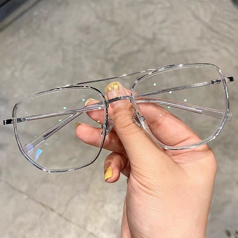 Mắt Kính Gọng Kim Loại Mỏng Tròng Phẳng Kiểu Bất Đối Xứng Chống Ánh Sáng Xanh Thời Trang Cổ Điển Cho Nam Và Nữ