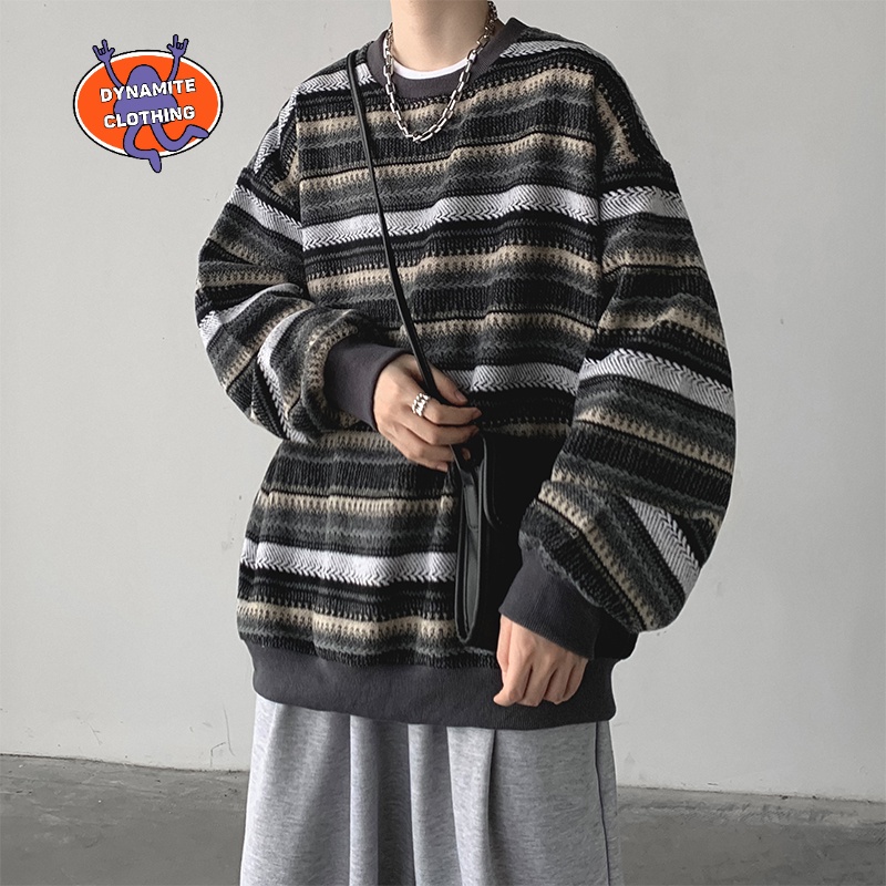 Áo sweater cổ tròn dáng rộng in họa tiết kẻ sọc phong cách Nhật Bản cổ điển cỡ M-2XL cho nam