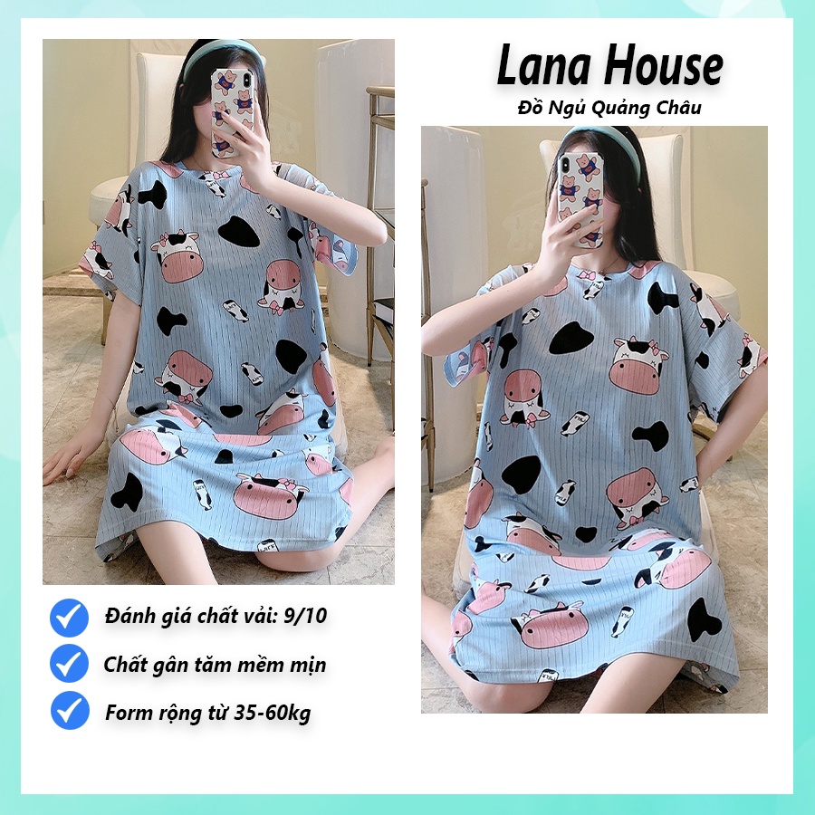 Váy ngủ nữ cộc tay dễ thương big size mặc nhà cao cấp chất gân tăm họa tiết hoạt hình xinh xắn VNN09