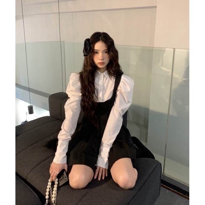 TKLIHN Set váy tiểu thư ULZZANG Áo sơmi tay phồng tiểu thư + váy yếm đen xoè Fashionita 2022