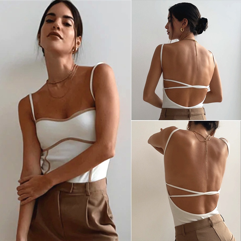 W[]-Women´s Bodysuit Contrast Panel Sleeveless Sling Design Open Back Slim Fit Summer Jumpsuit | BigBuy360 - bigbuy360.vn