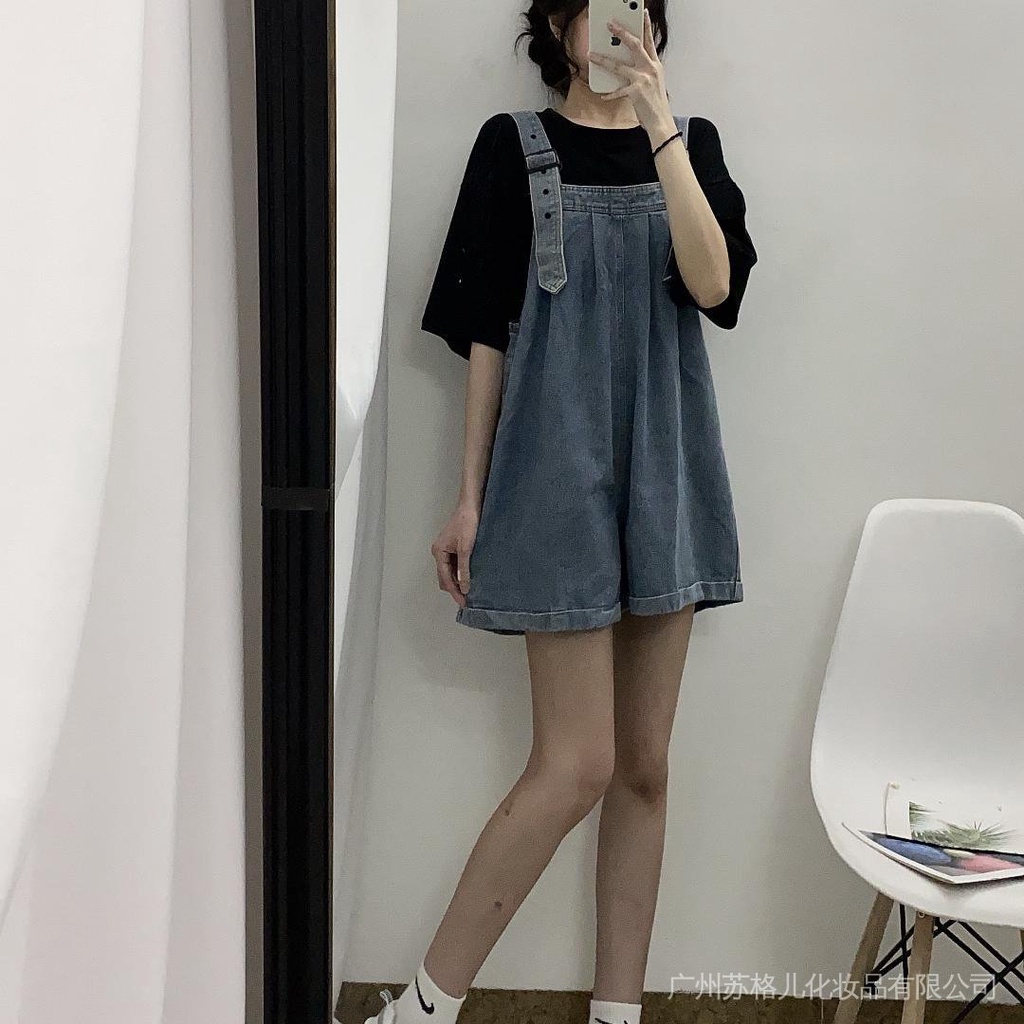 Quần Yếm Denim Ngắn Ống Rộng Phong Cách Phương Tây Trẻ Trung Thời Trang Mùa Hè Hàng Mới Dành Cho Bạn Nữ