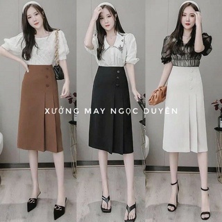 Chân váy công sở dáng chữ A dài qua gối khóa sau xếp ly bản to phối 3 cúc - Màu đen trắng nâu - Mặc đi làm dự tiệc biển