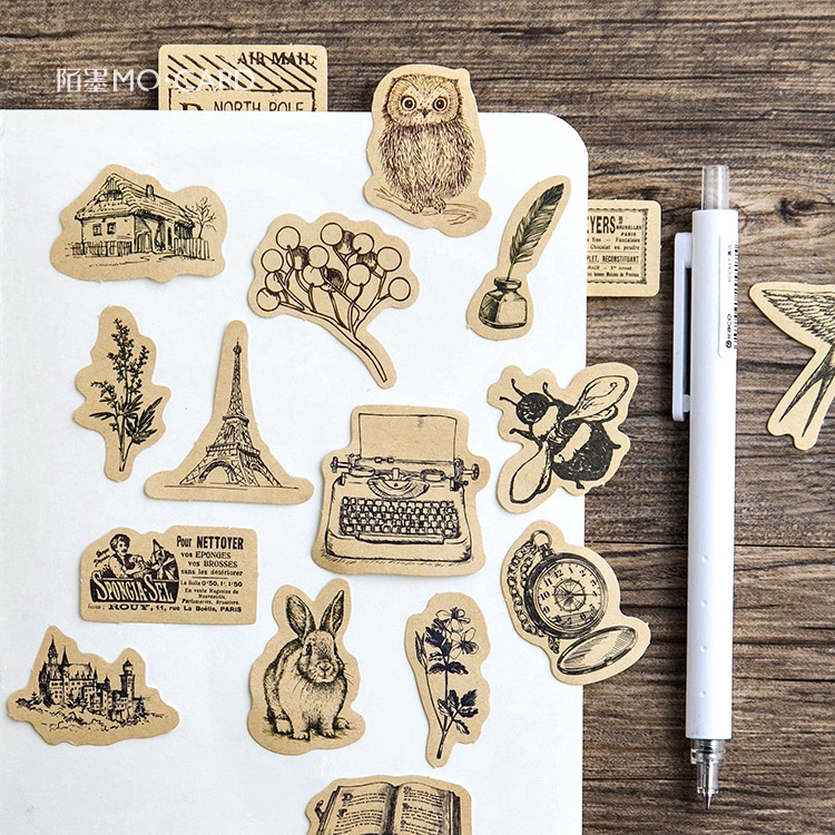 Hộp 45 chiếc sticker tem hình động vật phong cách cổ điển retro trang trí sổ, bullet journal - Tanpopo Sticker