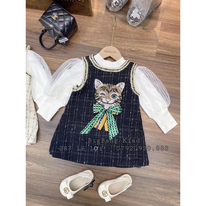 Đầm cho bé gái, set váy dạ kim sa cao cấp họa tiết mèo đeo nơ kèm áo cotton tay voan bồng cho bé
