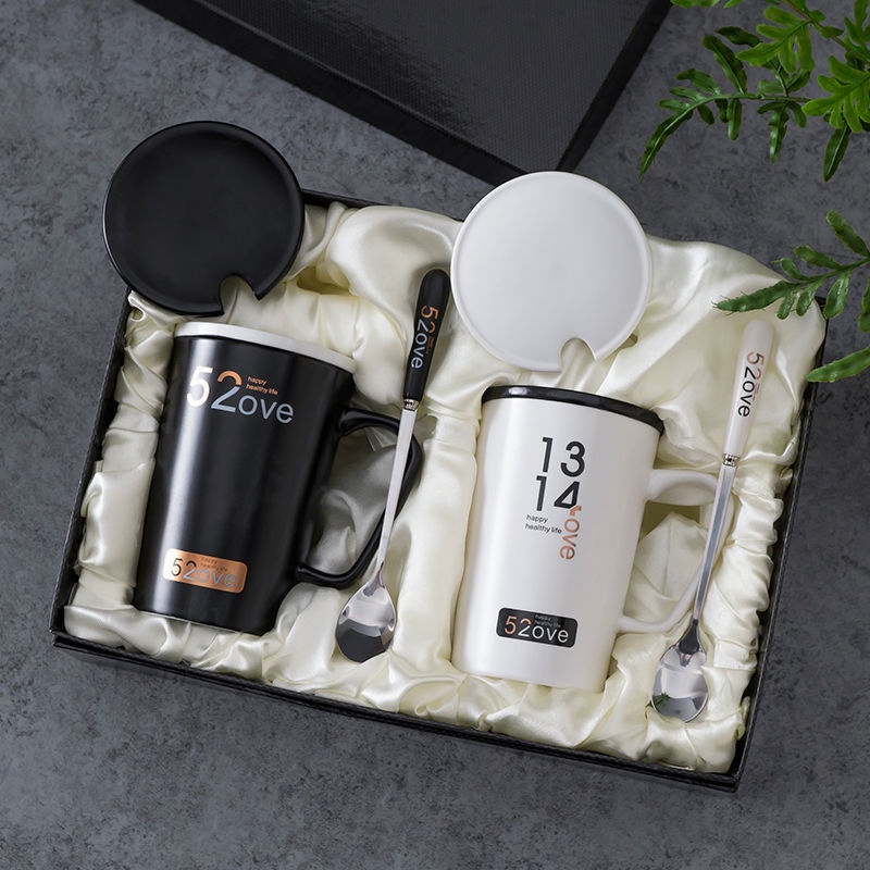 Ly cốc sứ giữ nhiệt cao cấp CHOUCHOU 2 màu trắng đen có nắp và thìa cán sứ, hộp quà tặng ly sứ lưu n