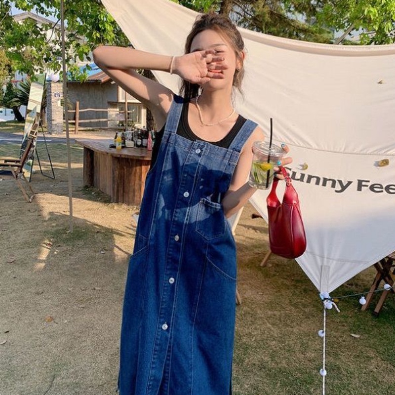 IELGY Đầm Yếm denim Xanh Dương Dáng Rộng Phong Cách Hàn Quốc Thời Trang Mùa Hè Mới Cho Nữ