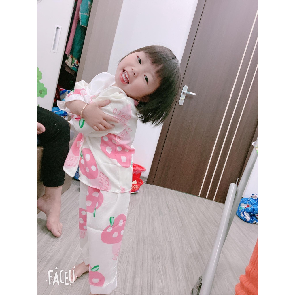 [ 16-38KG ] Bộ Mặc Nhà Pijama Lụa Cao Cấp Cho Bé Gái - Pijama Lụa Cổ Sen Phối Nơ Cho Bé  Yêu