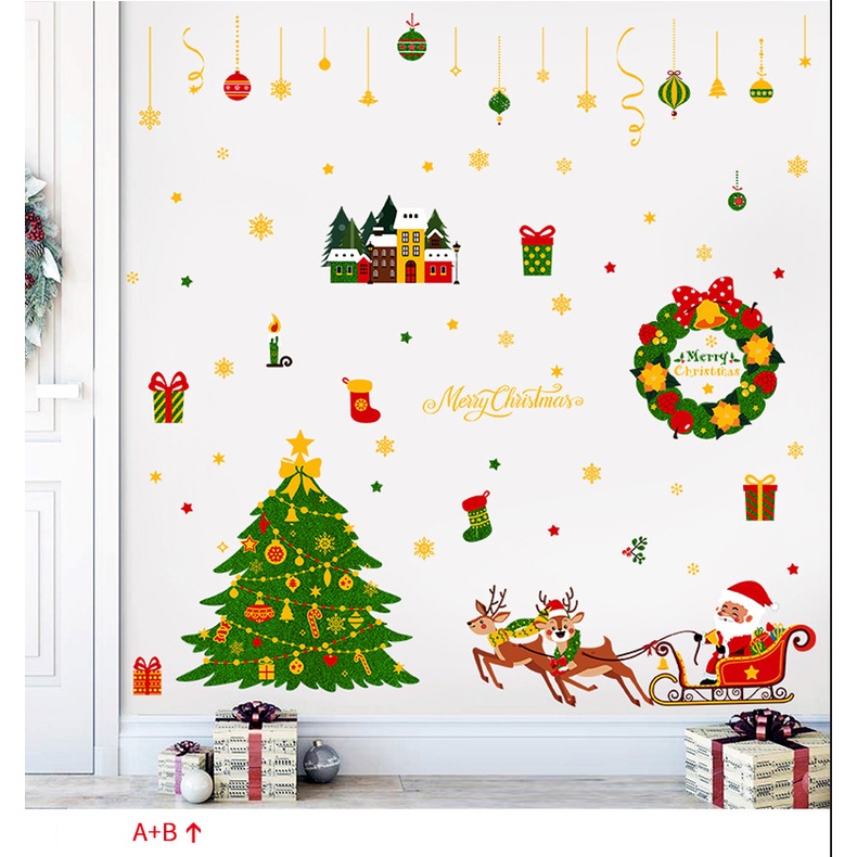 Decal dán tường Noel - Noel cưỡi tuần lộc đi phát quà bên cây thông xanh