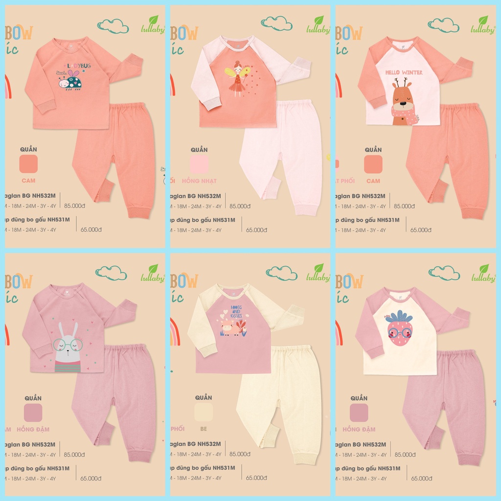 Bộ dài tay cài vai họa tiết chất cotton cho bé gái LULLABY NH532M