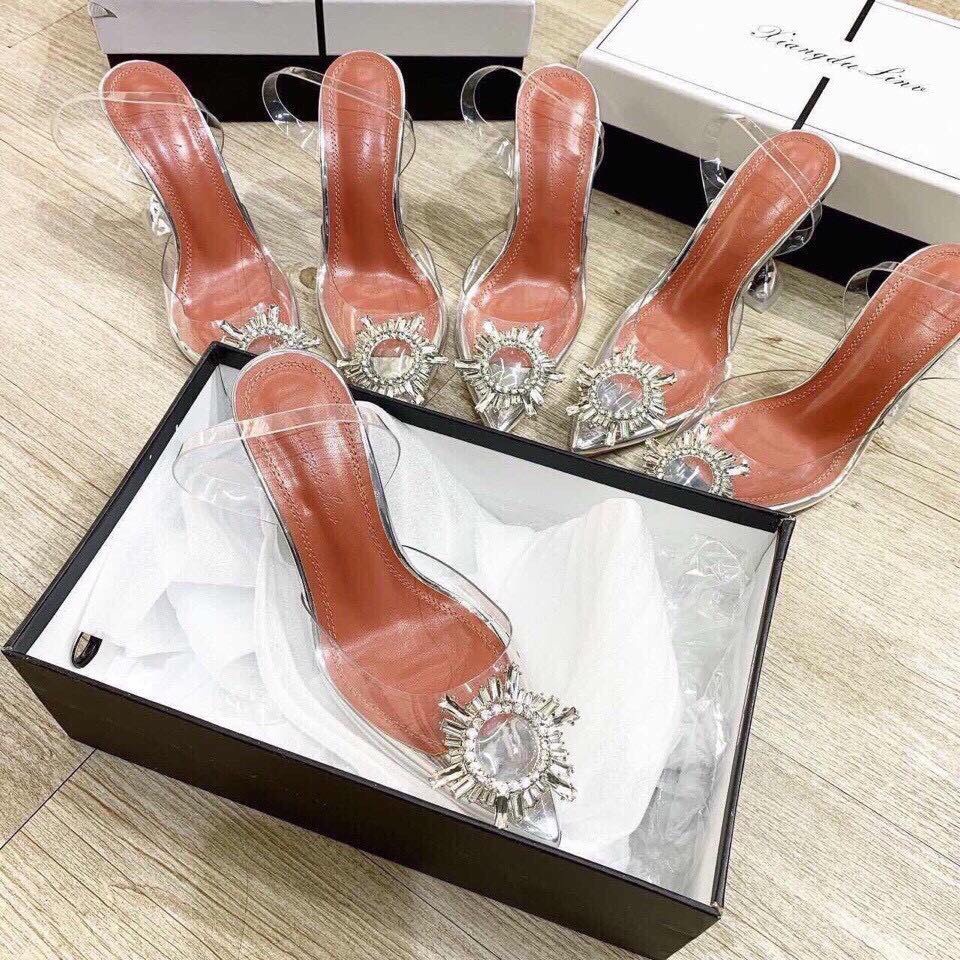 Giày cao gót sandal trắng trong hoa đá công chúa gót ly 6 phân cực xinh xắn