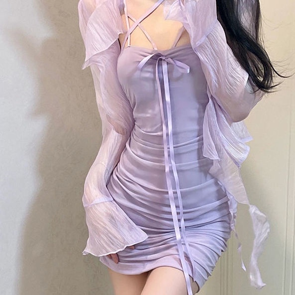 Set Áo Cardigan Bèo Nhún Màu Trơn + Đầm Hai Dây Ôm Hông Gợi Cảm Phong Cách Mùa Hè Mới 2022 Cho Nữ