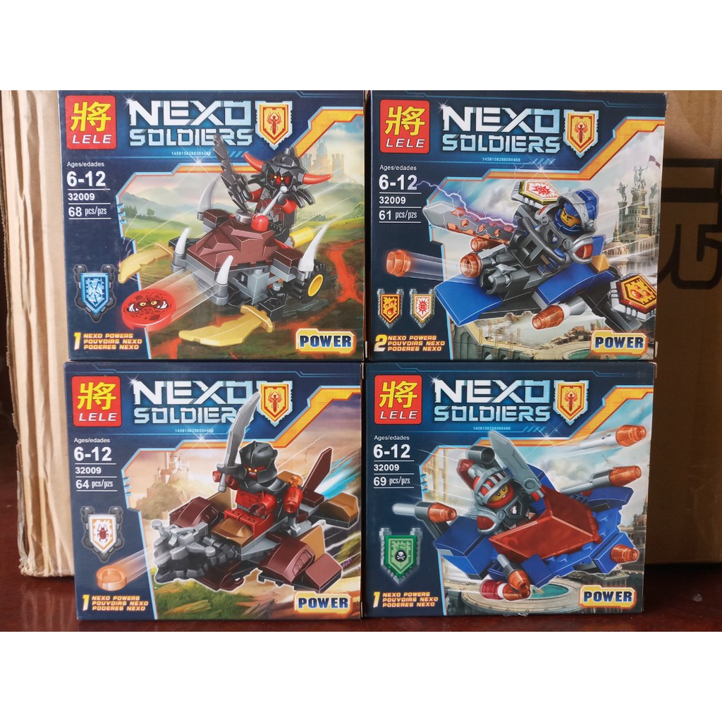 Đồ chơi lắp ráp Lego Nexo Knights Lele 32009 Xếp Mô Hình Minifigures Hiệp Sĩ Tương Lai Clay Macy trọn bộ 4 hộp cỡ trung