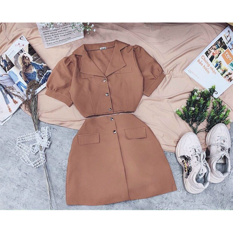 (Sale FreeShip) Sét váy nữ hàng thiết kế,áo cổ vest from croptop mix chân váy A ,tone nâu tôn da lên from xuất sắc