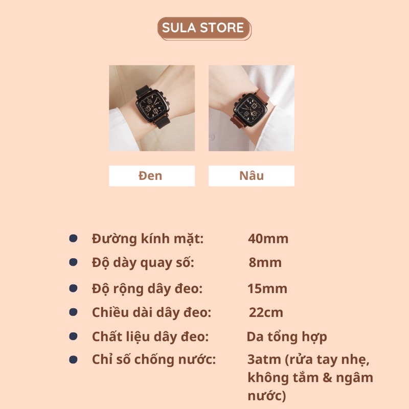Đồng hồ nam nữ mặt vuông 4cm đẹp sang trọng full box thời trang Hàn Quốc chống nước 3ATM - SULAGOO