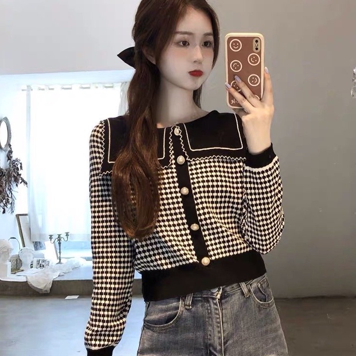 Áo len nữ Maika cổ thủy thủ dài tay họa tiết kẻ caro kiểu dáng Hàn Quốc, phụ kiện thời trang nữ YUNA