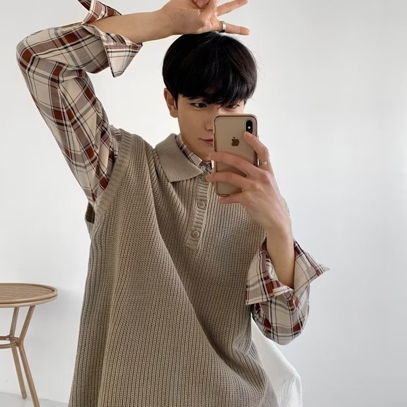 Áo sweater Dệt Kim Không Tay Dáng Rộng Màu Sắc Đơn Giản Cho Nam Giới