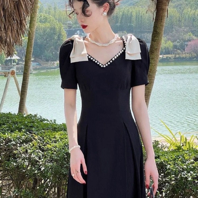 Đầm Đen Dáng Dài Ôm Eo Đính Nơ Phong Cách Pháp Thời Trang Mùa Hè Dành Cho Nữ