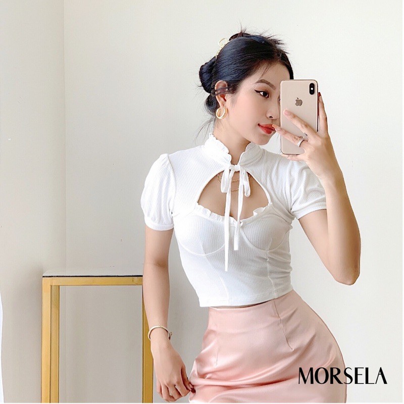 Áo croptop nữ tay phồng thắt Nơ cổ siêu xinh - áo crop top kiểu - Morsela