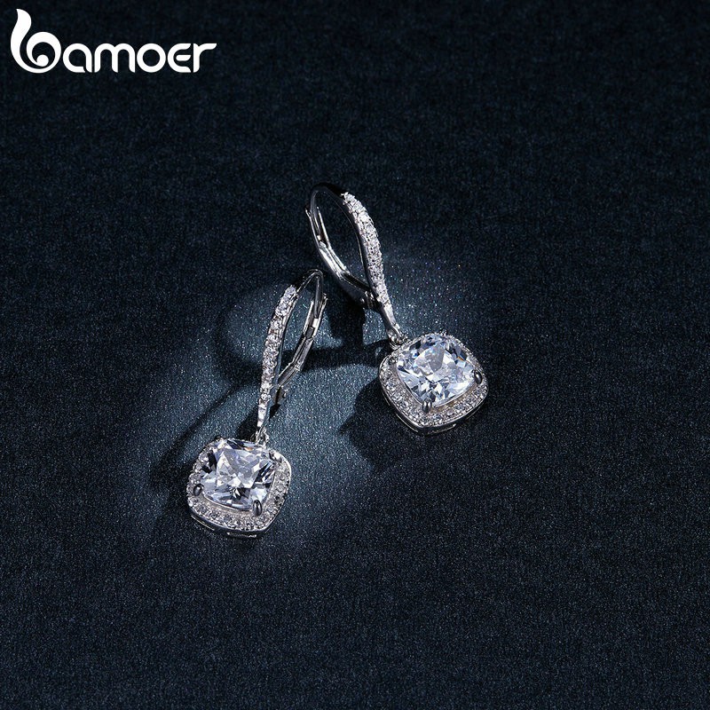Khuyên tai Bamoer Bạc 925 đính đá zircon hình vuông thời trang cho nữ
