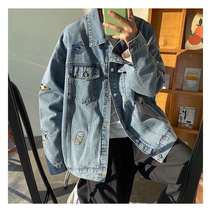 Áo Khoác Jean From Rộng Nam Nữ, Áo Bò Thêu 8 Chi Tiết, Thời Trang Unisex Phong Cách Hàn Quốc