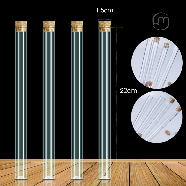 1.5*23.5cm- Ống nhựa trong suốt, nút gỗ có đệm cao su đựng nhang trầm