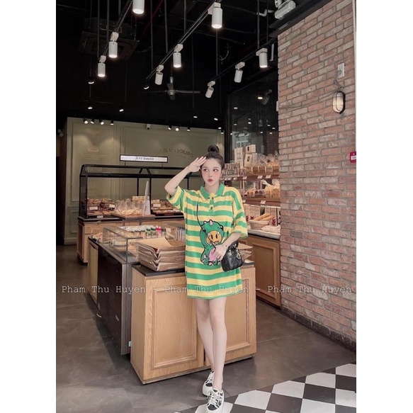 Đầm len kẻ cổ Polo, Váy len kẻ khủng Long  xanh