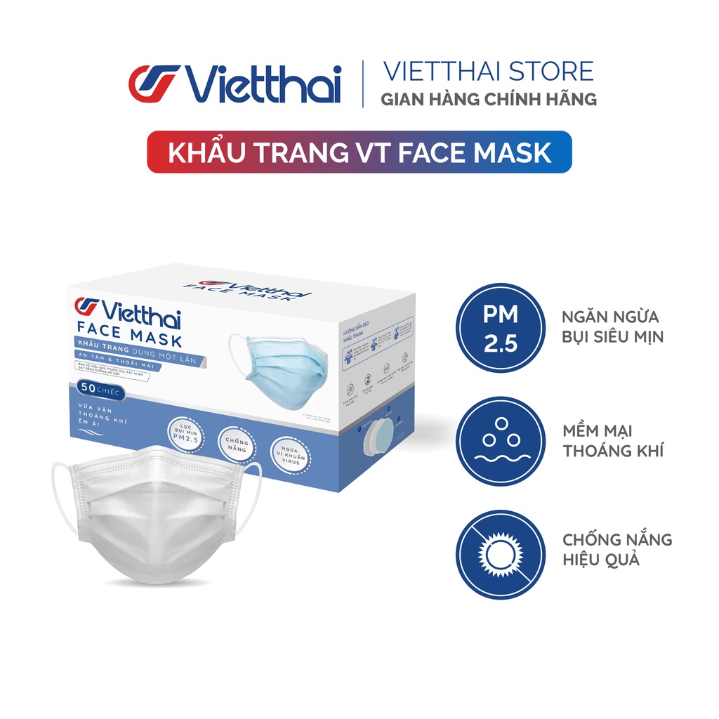 Khẩu trang VT Face Mask mềm mại êm ái - Chính hãng Vietthai - Hộp 50 chiếc