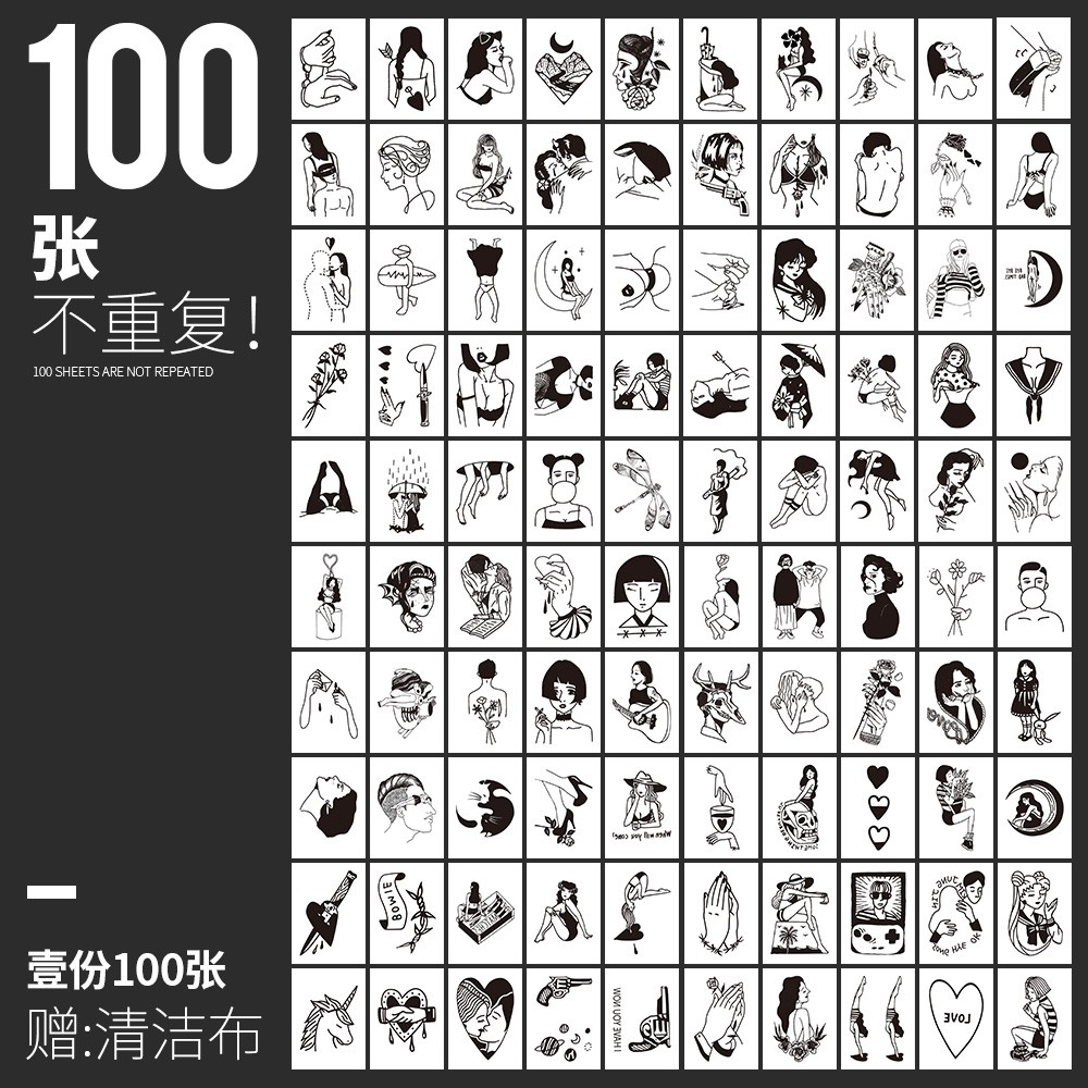 (hàng Mới Về) Set 100 Miếng Dán Giả Hình Xăm Vẽ Tay Chống Thấm Nước Phong Cách Hàn Quốc