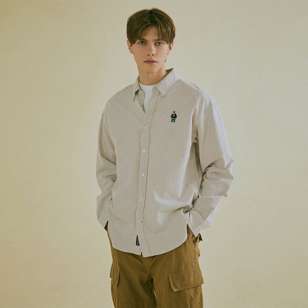 Áo sơ mi gấu Whoau chính hãng sọc Xanh Xám, áo sơ mi kẻ sọc nam nữ WHO.A.U Hàn Quốc | WHYSD2302U