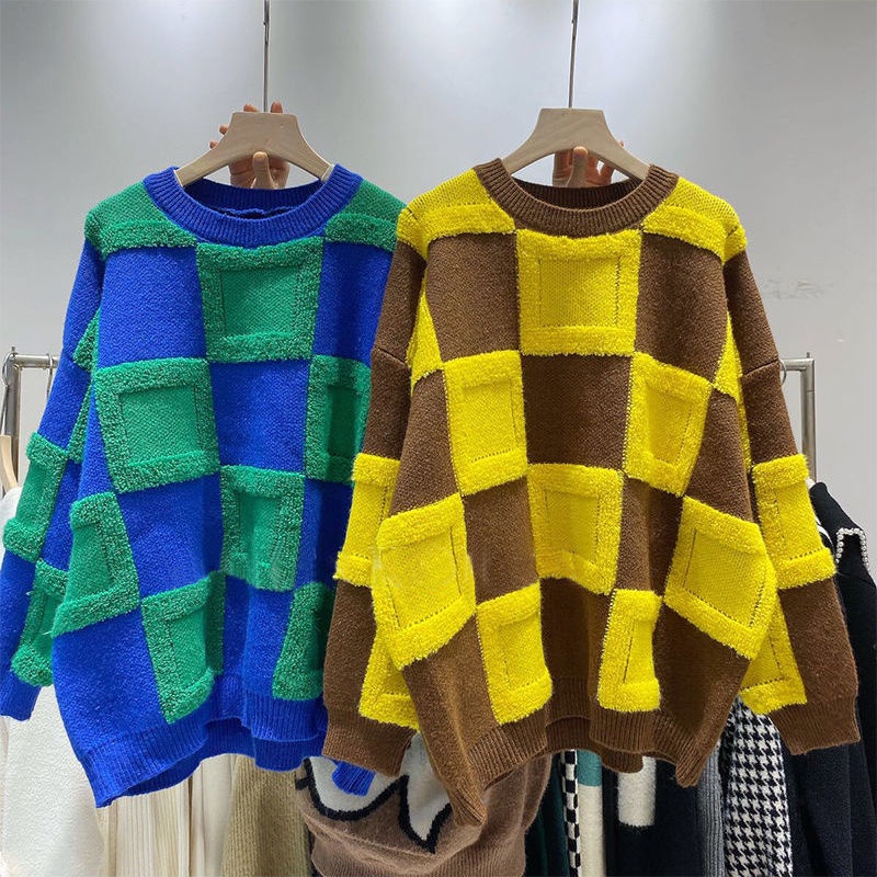 Áo Sweater Cổ Thuyền Dáng Rộng Họa Tiết Sọc Caro Cho Nữ