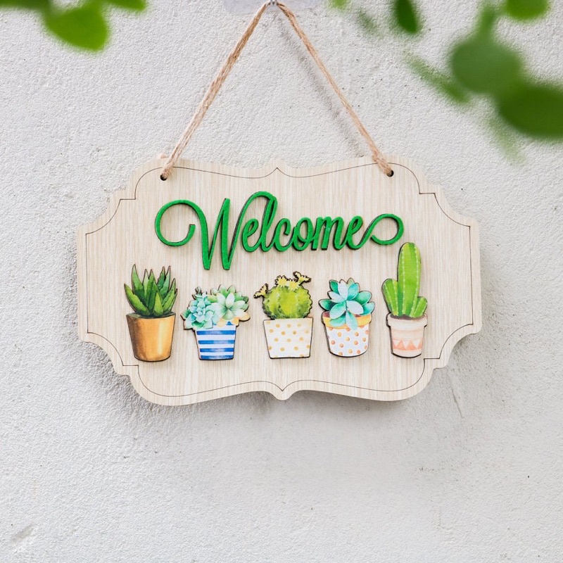Bảng Gỗ Trang Trí Welcome Xương Rồng