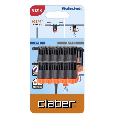 Đầu tưới nhỏ giọt liền trục Claber 0-10 l/h 91218, hộp 10 cái, nhựa ABS, kết nối ống 4-6mm