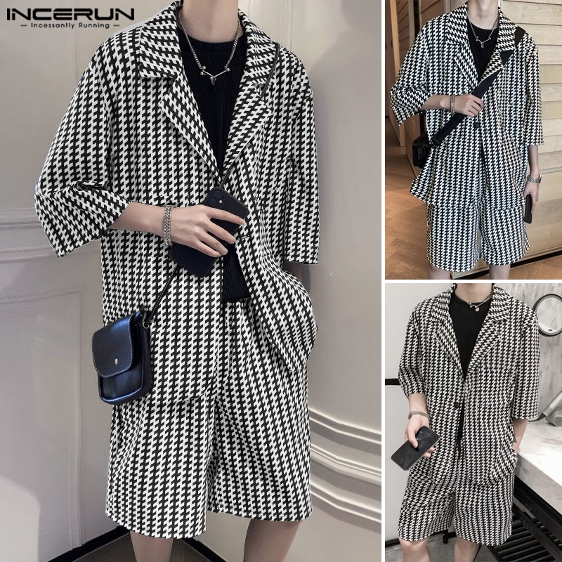 Set INCERUN áo khoác blazer ngắn tay + quần short họa tiết ca rô cá tính dành cho nam