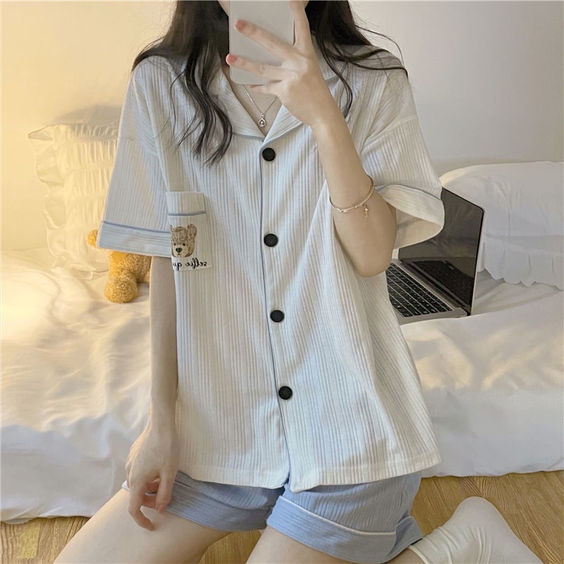 Bộ Đồ Ngủ Ngắn Tay In Họa Tiết Đơn Giản Thời Trang Hàn Quốc