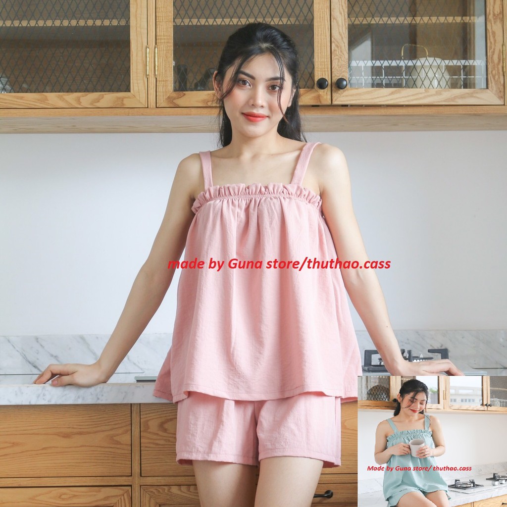 (Size M,L) Bộ Ngủ Hai Dây Họa Tiết Dễ Thương- Vải Đũi Mềm Siêu Mát.
