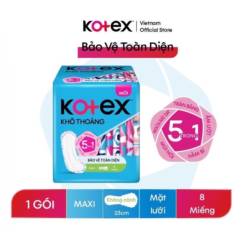 BĂNG VỆ SINH KOTEX KHÔ THOÁNG DÀY KHÔNG CÁNH MẶT LƯỚI 23cm (1 GÓI 8 MIẾNG)