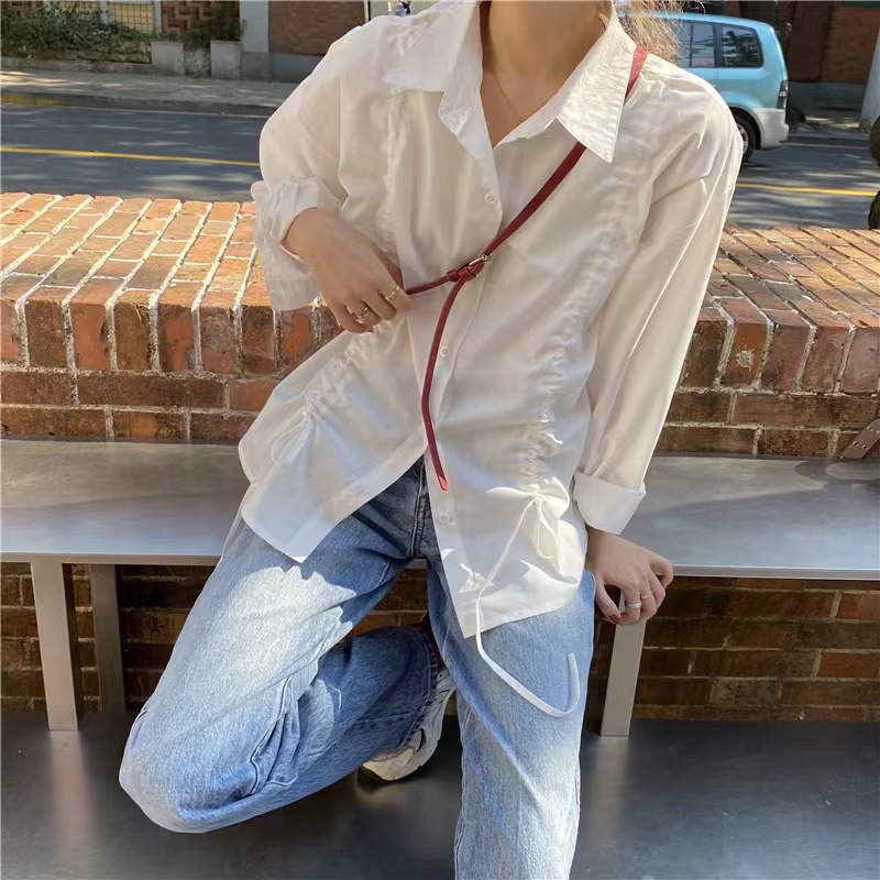 Áo sơ mi SUXI tay dài dáng rộng màu sắc đơn giản phối dây rút thời trang mùa xuân cho nữ