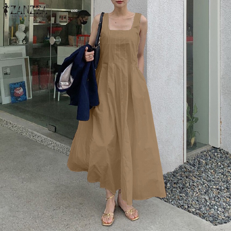 Đầm maxi ZANZEA không tay màu trơn dáng rộng thời trang cho nữ