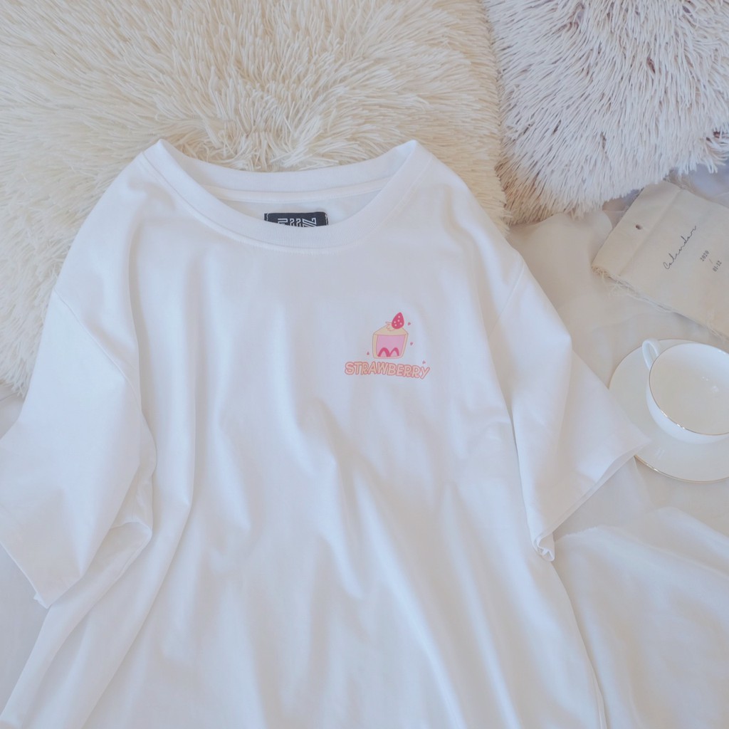Áo thun Tay lỡ Strawberry form rộng Hồng/Trắng basic - Made by Fiin