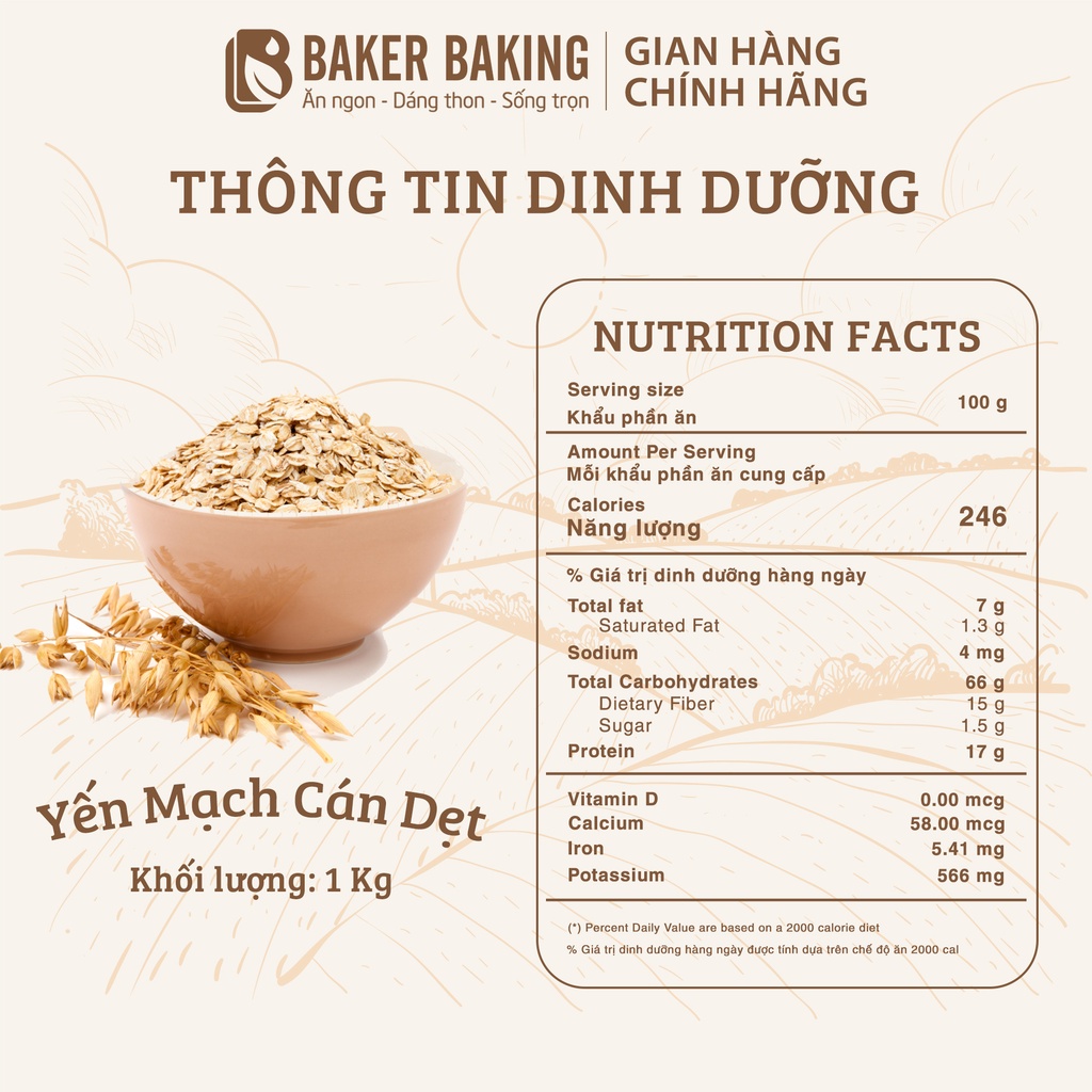 Yến mạch cán dẹt dinh dưỡng Baker Baking không đường hỗ trợ giảm cân, ăn kiêng 1kg