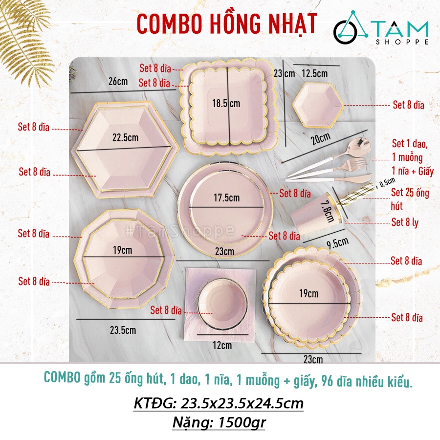 Set đồ giấy trang trí tiệc tông màu Hồng nhạt SETDG-04