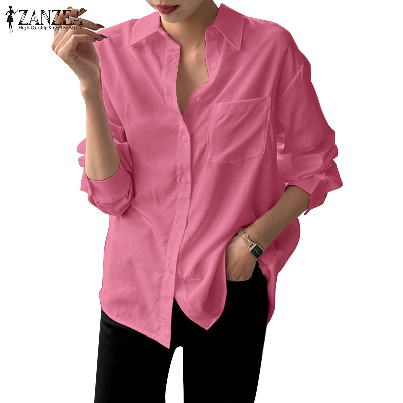 Áo sơ mi ZANZEA dài tay màu trơn dễ phối đồ thời trang thanh lịch cho nữ