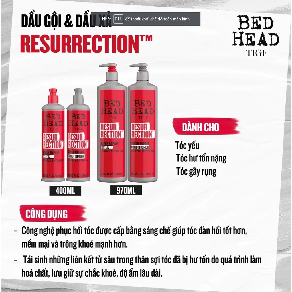 Dầu Gội Xả Phục Hồi Tóc Hư Tổn Nặng Tigi Resurrection Super Repair Do Hoá Chất